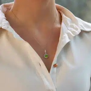 Contemporary Peridot and Diamond Halo Pendant Necklace