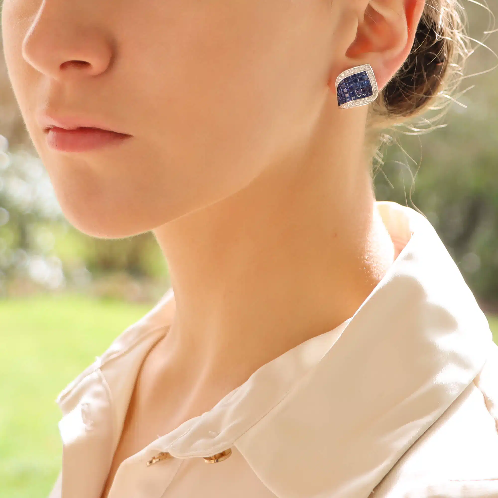 Art Deco Inspired Sapphire and Diamond Wave Earrings