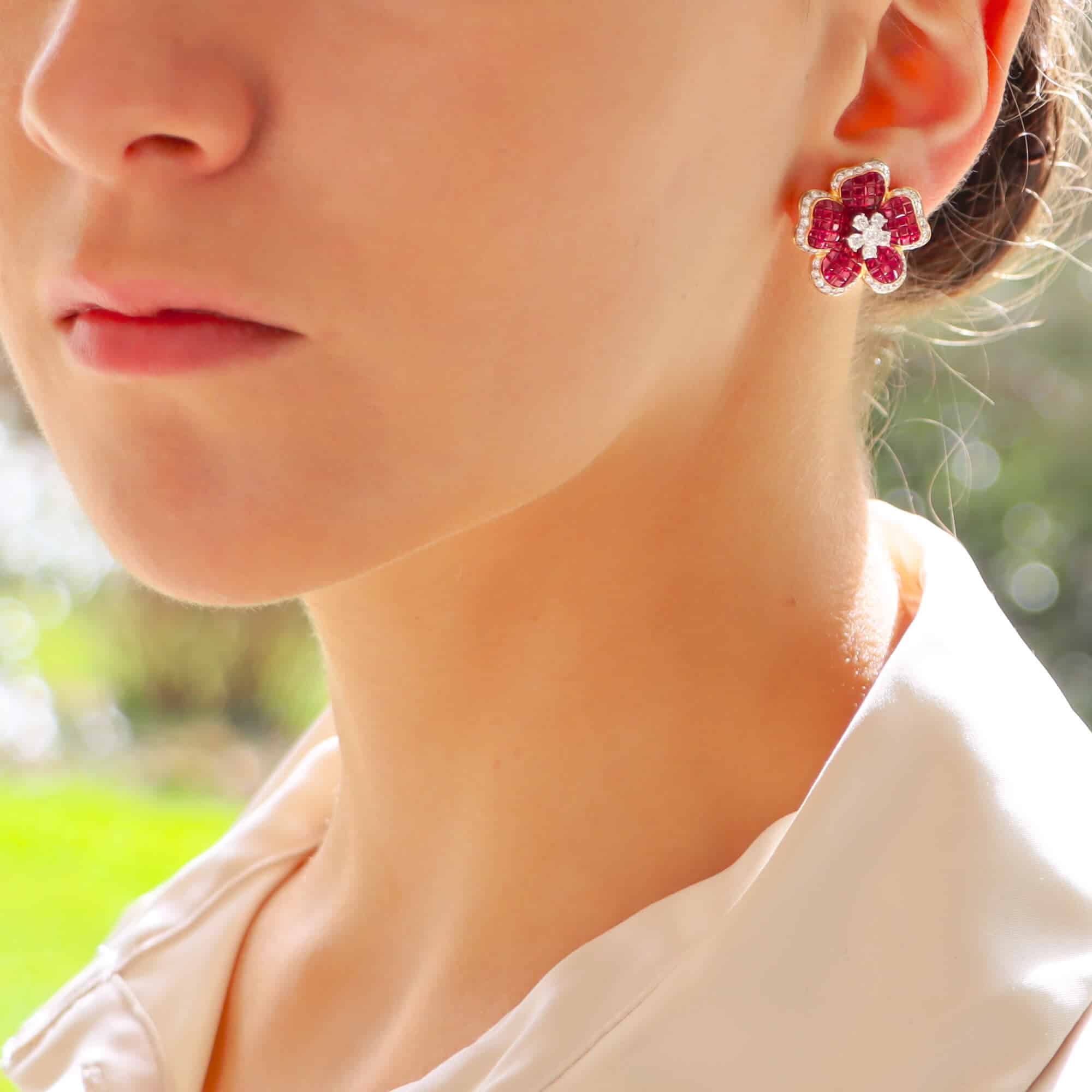 Ruby and Diamond Floral Motif Cluster Earrings