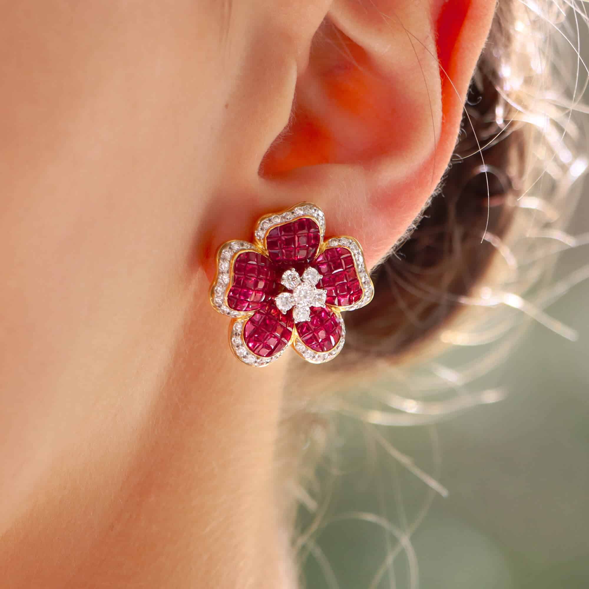 Large Ruby Earrings, Ribbon Earrings, Created Ruby Earrings, Vintage E