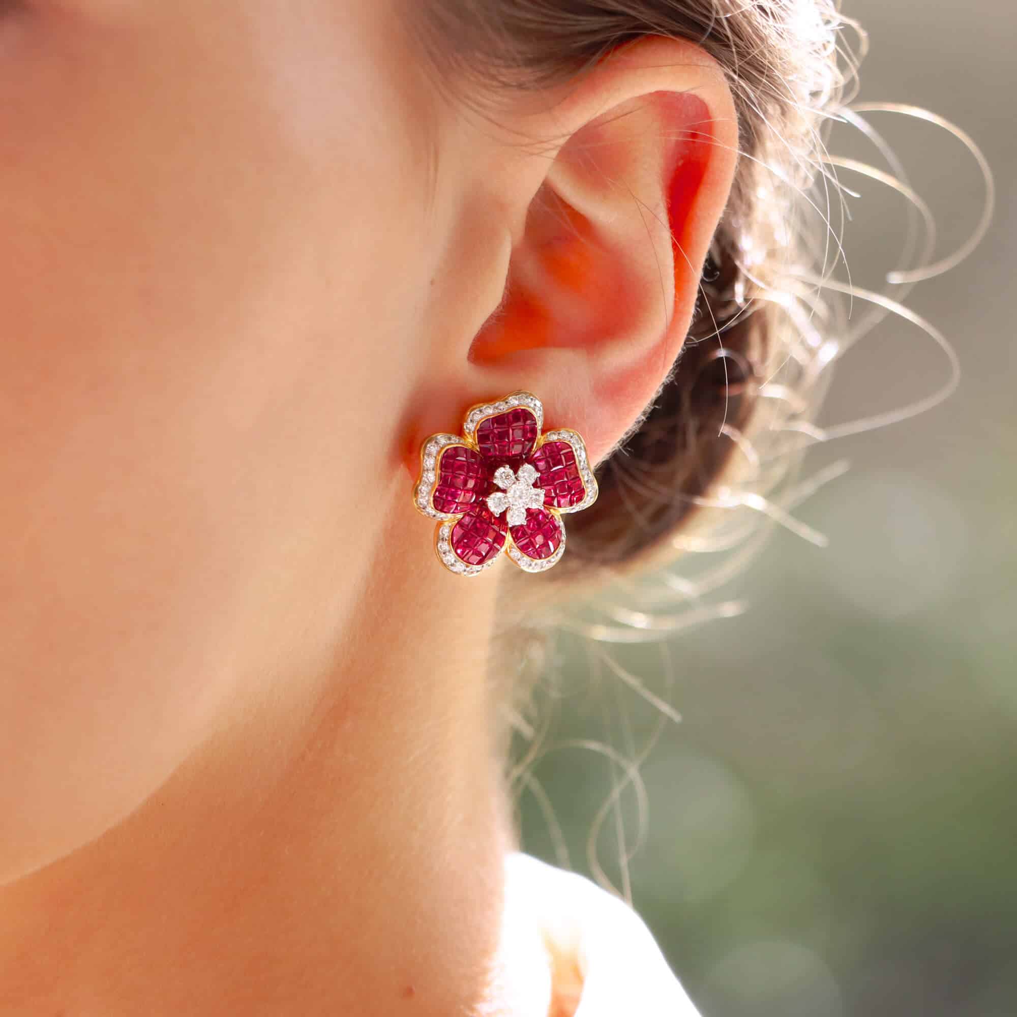 Ruby and Diamond Floral Motif Cluster Earrings