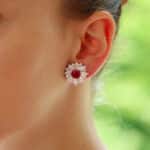 Contemporary Cushion Cut Ruby and Diamond Cluster Earrings