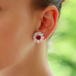 Contemporary Cushion Cut Ruby and Diamond Cluster Earrings