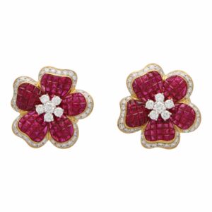 Ruby and Diamond Floral Motif Cluster Earrings