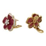 Ruby and Diamond Floral Motif Cluster Earrings