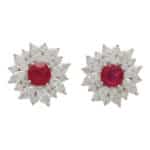 Contemporary Cushion Cut Ruby and Diamond Cluster Earrings