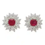 Contemporary Cushion Cut Ruby and Diamond Cluster Earrings