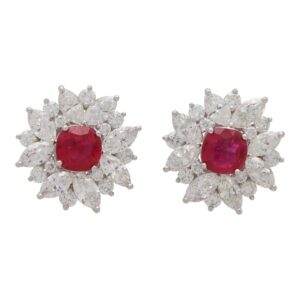 Contemporary Cushion Cut Ruby and Diamond Cluster Earrings