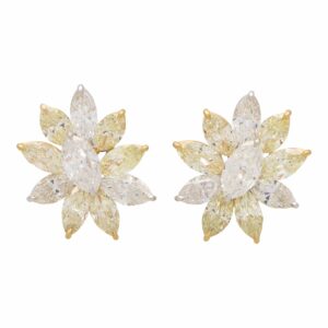 Yellow and White Marquise Cut Diamond Cluster Earrings