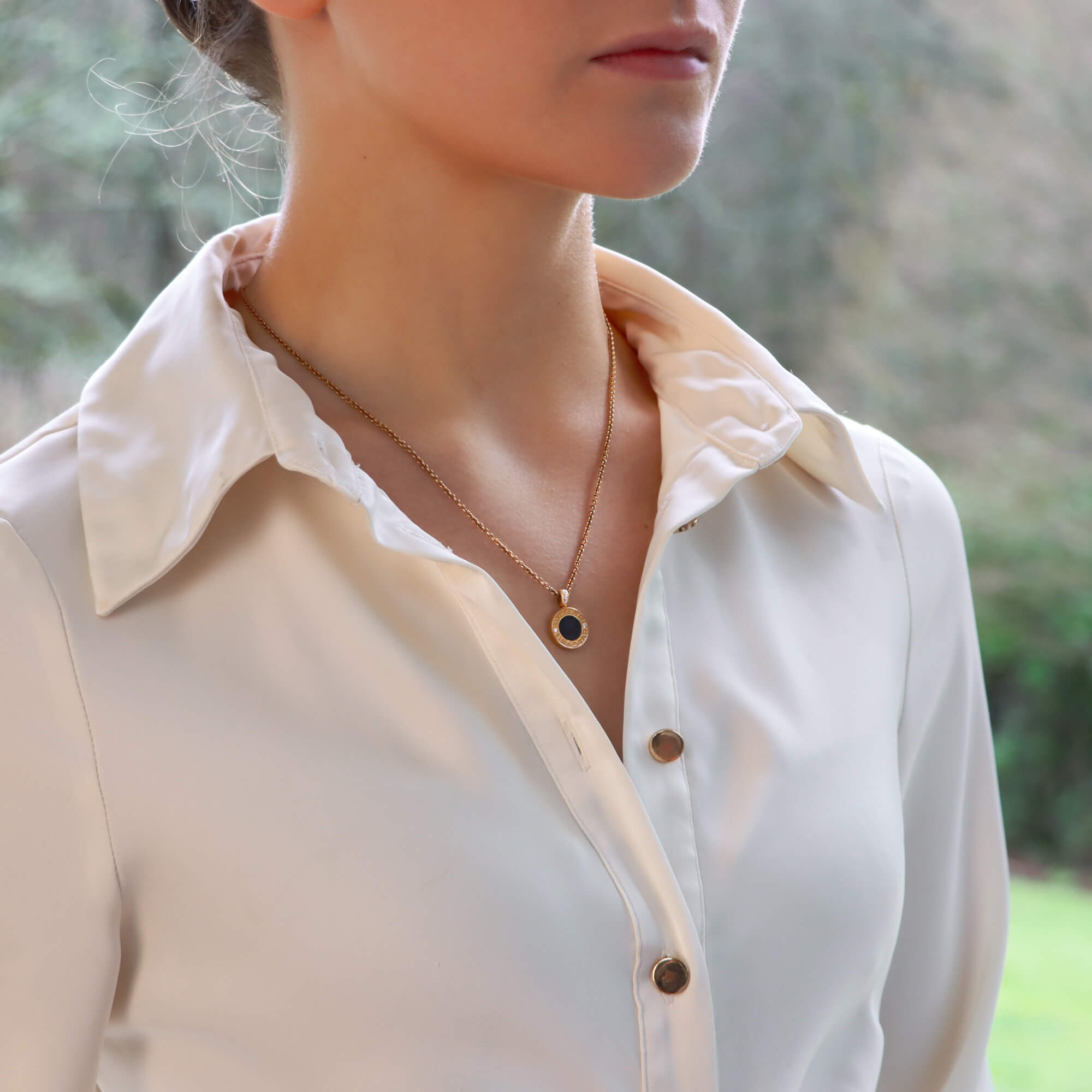 Vintage Bvlgari Onyx and Mother of Pearl Disc Necklace at Susannah