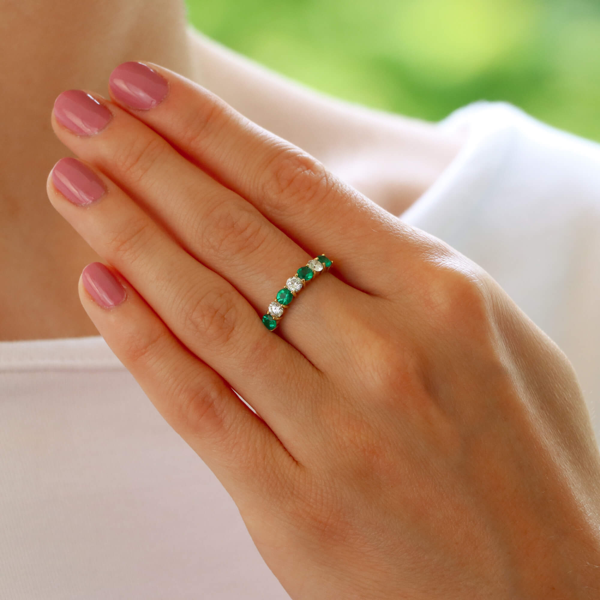Vintage Emerald and Diamond Half Eternity Ring at Susannah Lovis