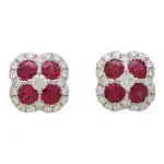 Ruby and Diamond Haloed Floral Cluster Earrings