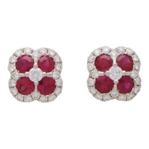 Ruby and Diamond Haloed Floral Cluster Earrings