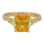 Elongated Orange Sapphire and Yellow Diamond Three Stone