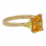 Elongated Orange Sapphire and Yellow Diamond Three Stone