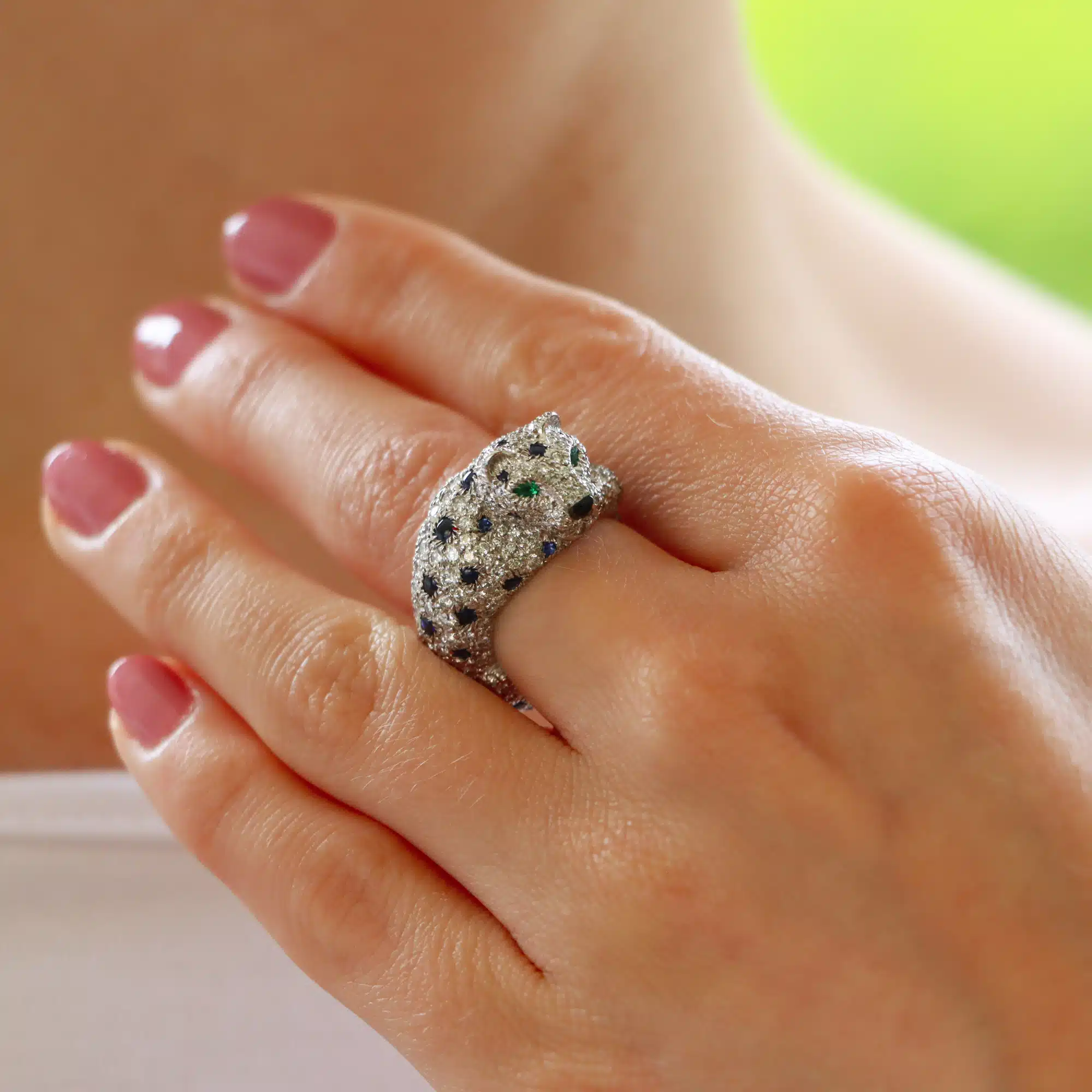 Vintage Cartier Diamond and Cabochon Sapphire Panther Ring