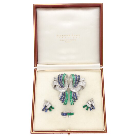 Rare Art Deco Drayson Emerald, Sapphire and Diamond Suite
