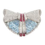 Art Deco Aquamarine, Ruby and Diamond Double Clip Brooch