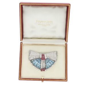 Art Deco Aquamarine, Ruby and Diamond Double Clip Brooch