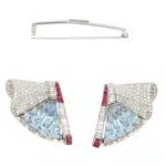 Art Deco Aquamarine, Ruby and Diamond Double Clip Brooch