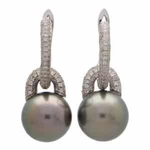 Vintage Tahitian Pearl and Diamond Hoop Earrings