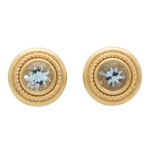 Aquamarine Etruscan Inspired Yellow Gold Stud Earrings