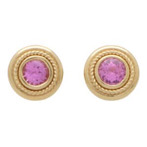 Pink Sapphire Etruscan Inspired Yellow Gold Stud Earrings