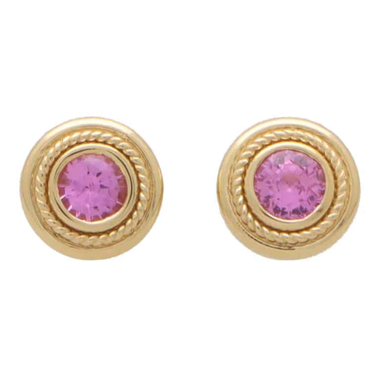 Pink Sapphire Etruscan Inspired Yellow Gold Stud Earrings