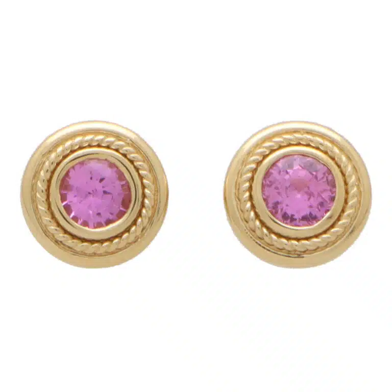 Pink Sapphire Etruscan Inspired Yellow Gold Stud Earrings