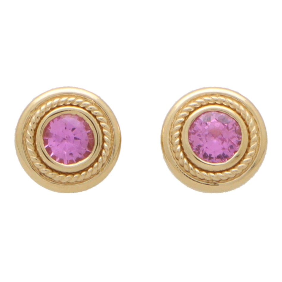 Pink Sapphire Etruscan Inspired Yellow Gold Stud Earrings