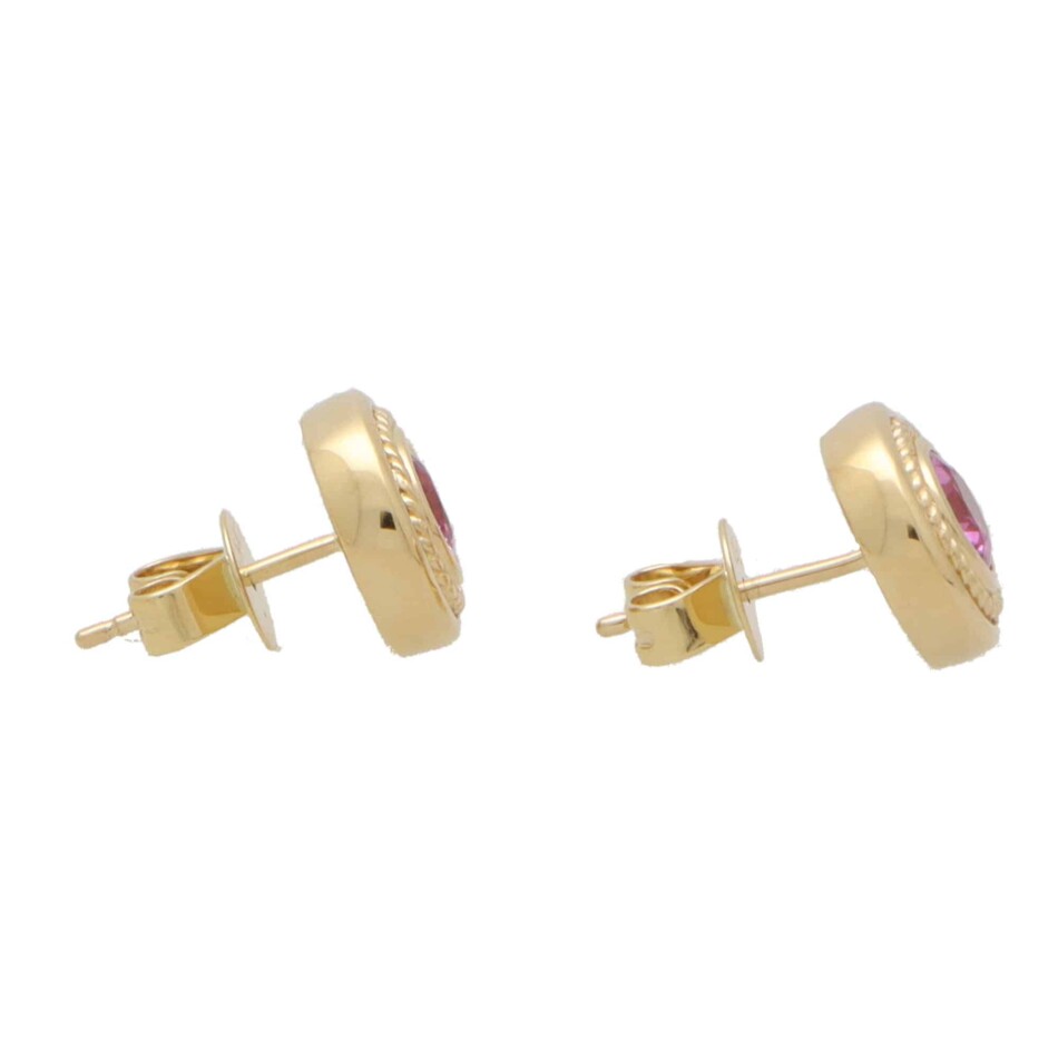 Pink Sapphire Etruscan Inspired Yellow Gold Stud Earrings