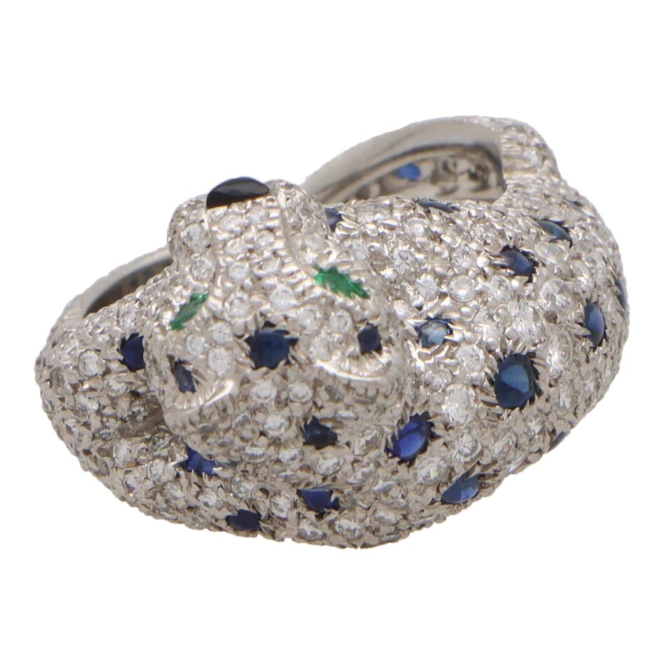 Vintage Cartier Diamond and Cabochon Sapphire Panther Ring