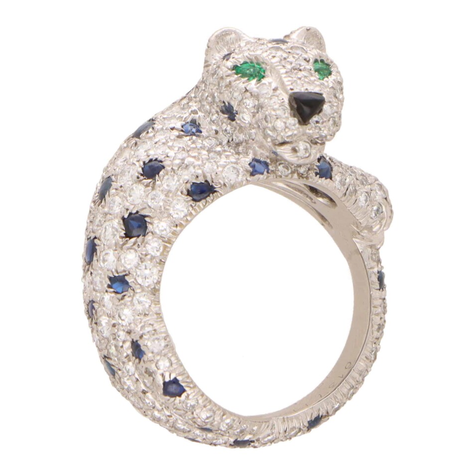 Vintage Cartier Diamond and Cabochon Sapphire Panther Ring