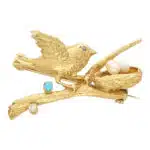 Vintage Bird and Nest Brooch With Pearls, Turqouise and Diamond