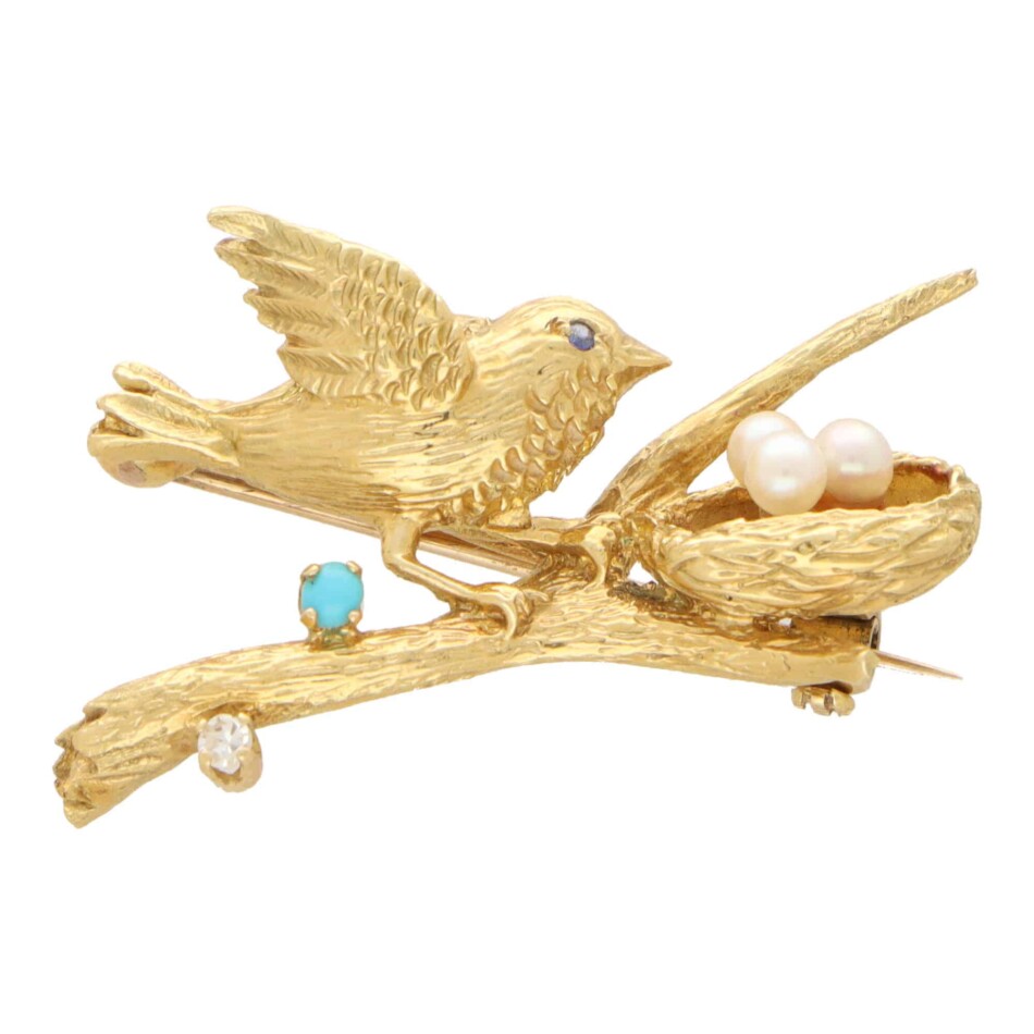 Vintage Bird and Nest Brooch With Pearls, Turqouise and Diamond