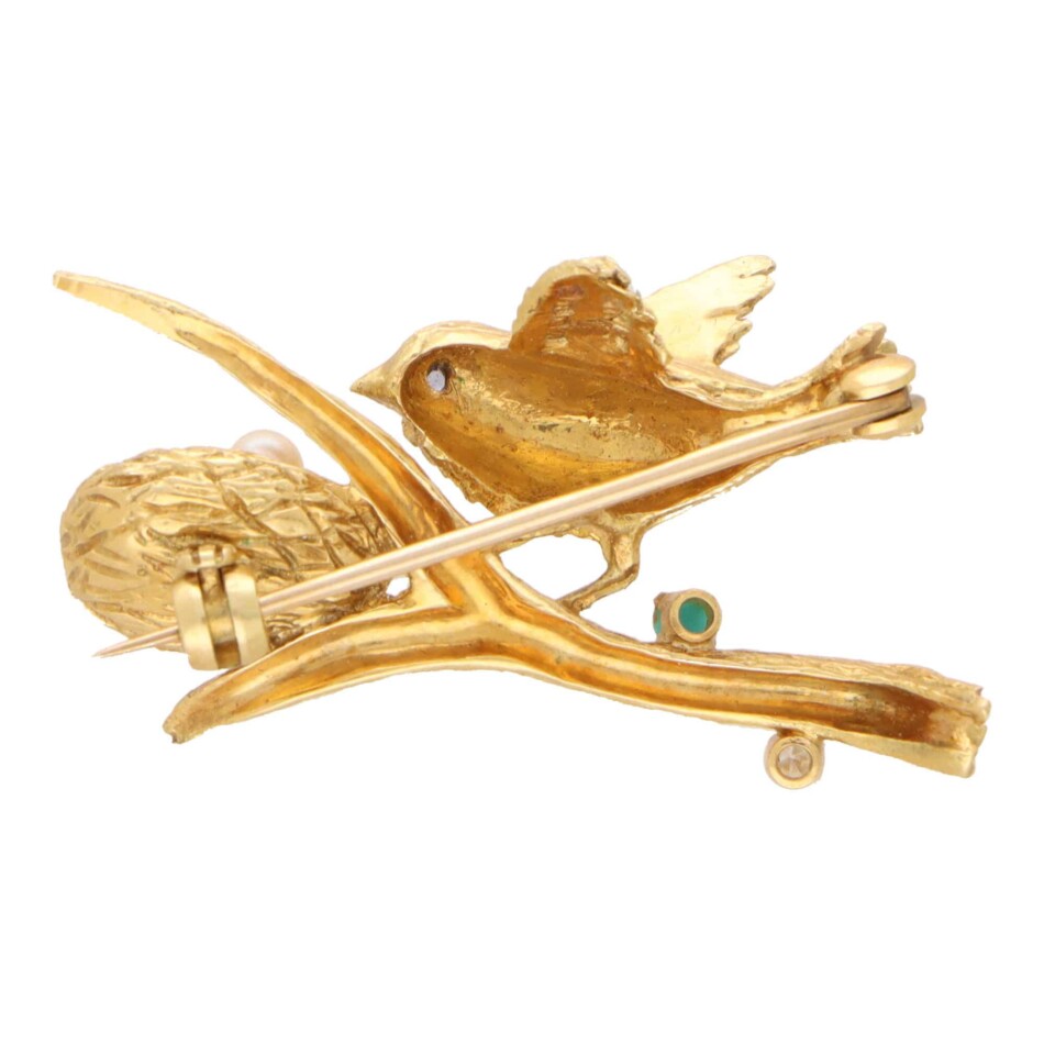 Vintage Bird and Nest Brooch With Pearls, Turqouise and Diamond