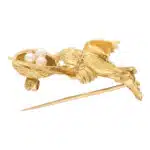 Vintage Bird and Nest Brooch With Pearls, Turqouise and Diamond