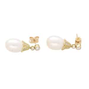 Contemporary Pearl and Diamond Drop Earrings in Yellow Gold