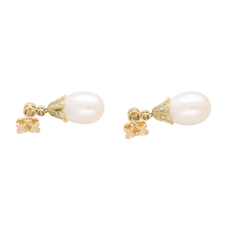 Contemporary Pearl and Diamond Drop Earrings in Yellow Gold