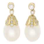 Contemporary Pearl and Diamond Drop Earrings in Yellow Gold