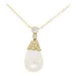 Contemporary Pearl and Diamond Drop Necklace in Yellow Gold