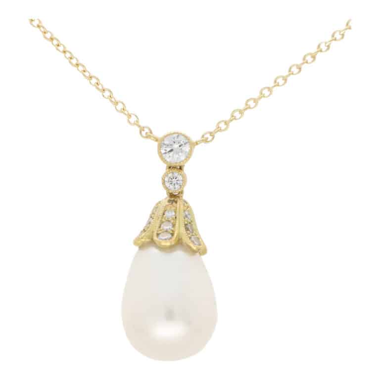 Contemporary Pearl and Diamond Drop Necklace in Yellow Gold