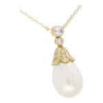 Contemporary Pearl and Diamond Drop Necklace in Yellow Gold