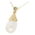 Contemporary Pearl and Diamond Drop Necklace in Yellow Gold