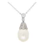 Contemporary Pearl and Diamond Drop Necklace in White Gold