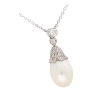 Contemporary Pearl and Diamond Drop Necklace in White Gold