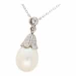 Contemporary Pearl and Diamond Drop Necklace in White Gold