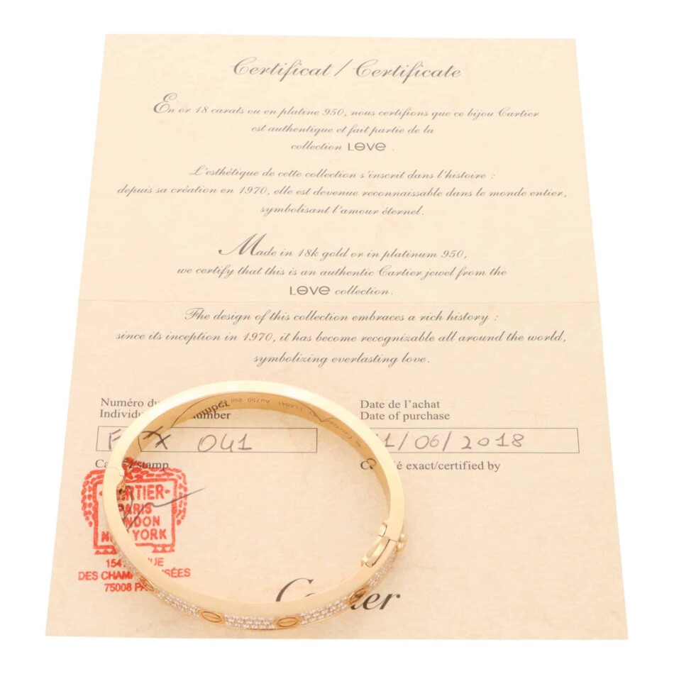 Vintage Cartier Diamond Paved Love Bangle in Rose Gold, Size 17