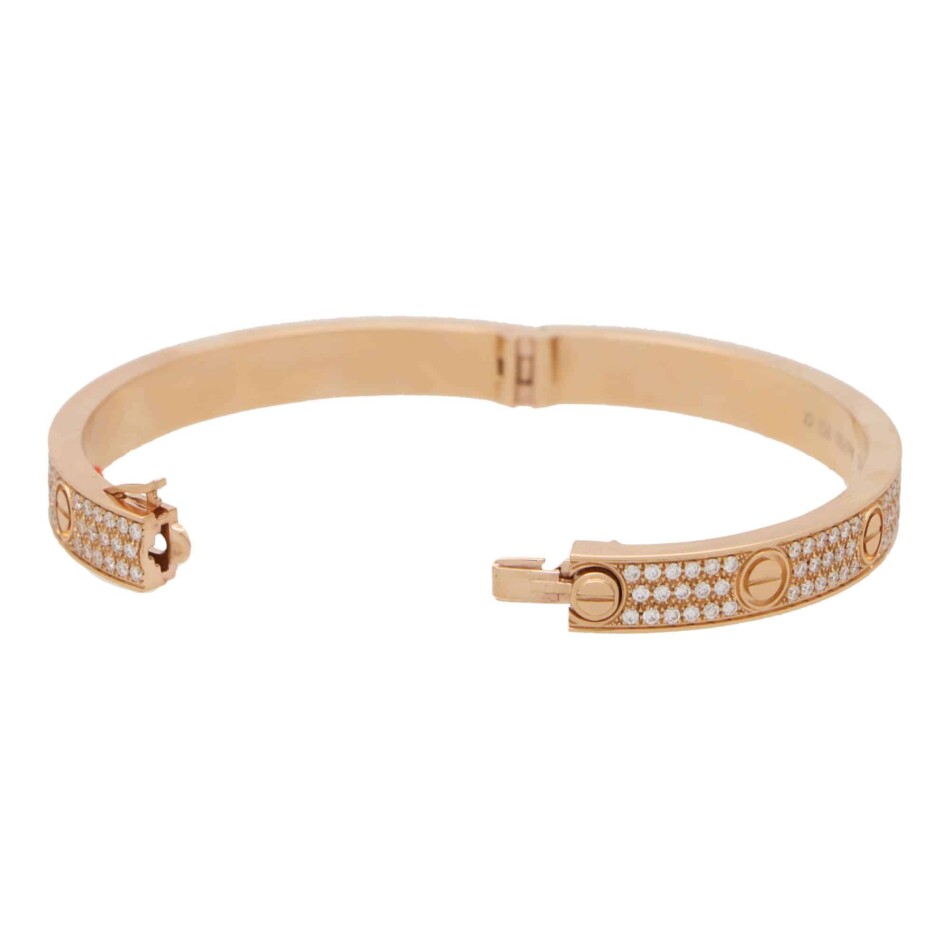 Vintage Cartier Diamond Paved Love Bangle in Rose Gold, Size 17
