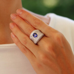 Vintage Blue Sapphire and Diamond Bombe Ring